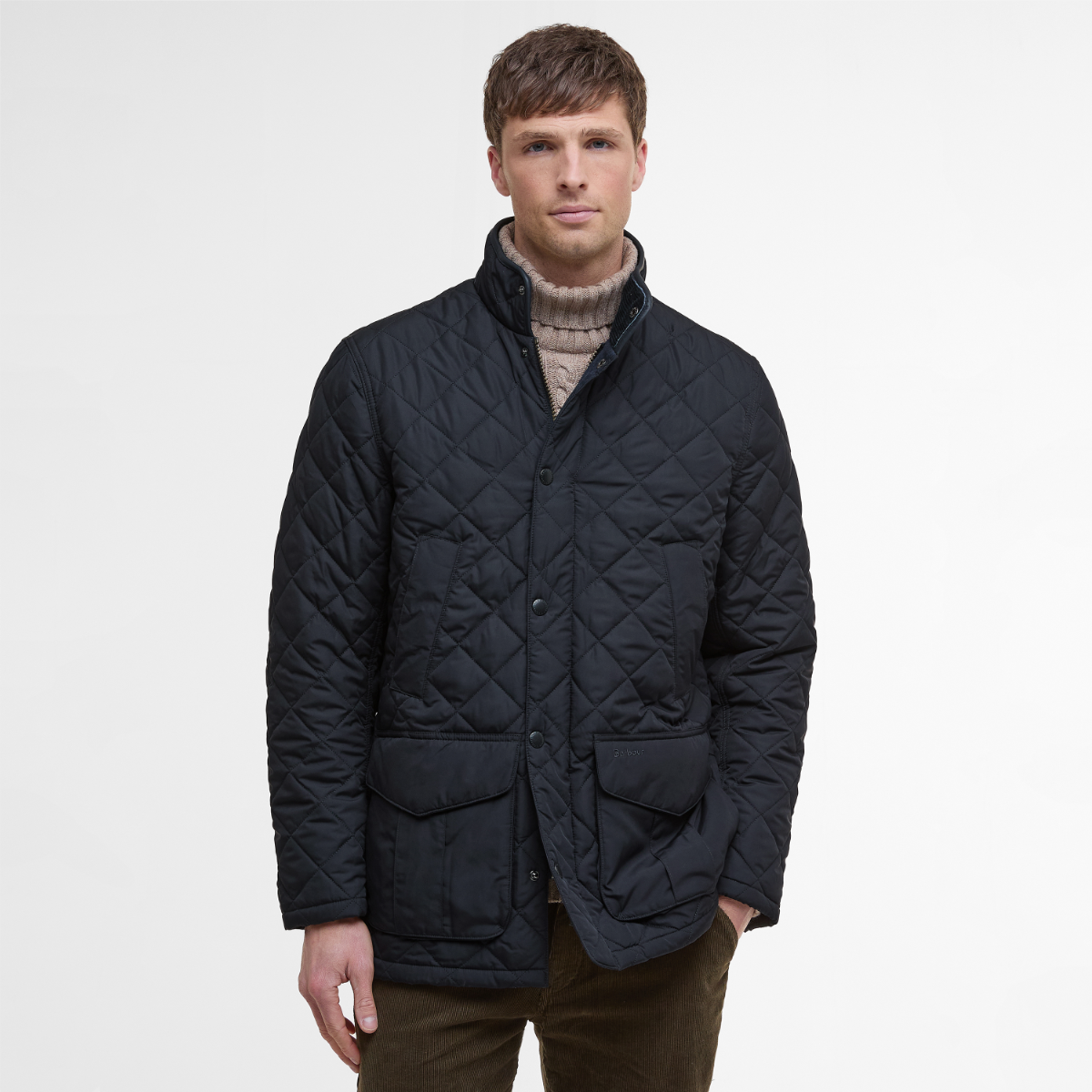 Barbour Devon Quilted Men’s Jacket in Navy – front view on model