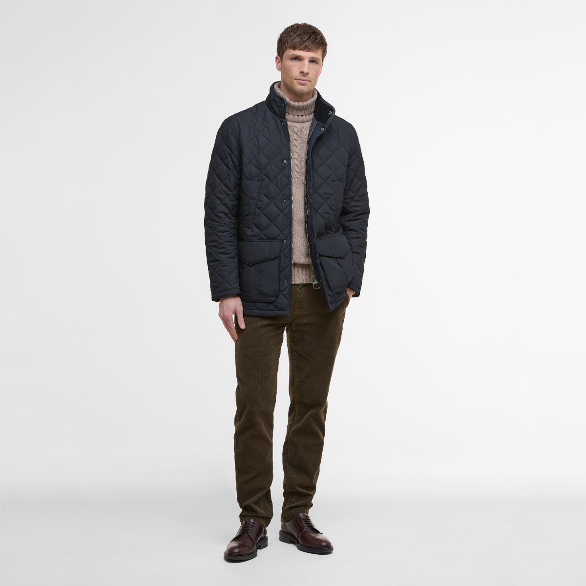 Barbour Devon Quilted Men’s Jacket in Navy – front view on model full height