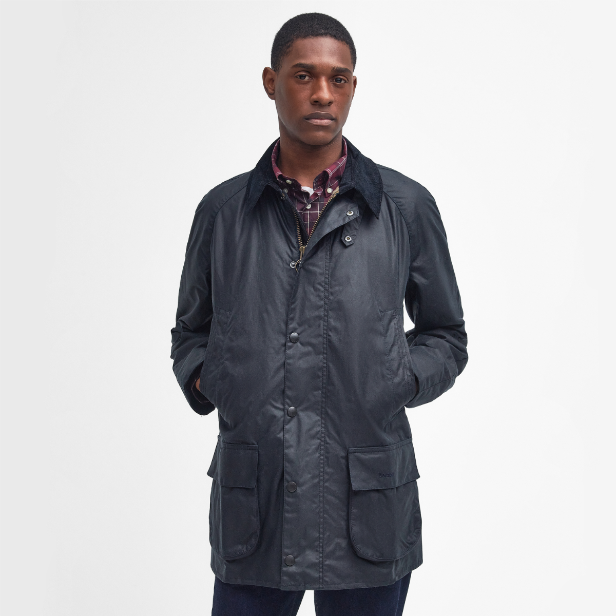 Barbour Bristol waxed jacket front view on model