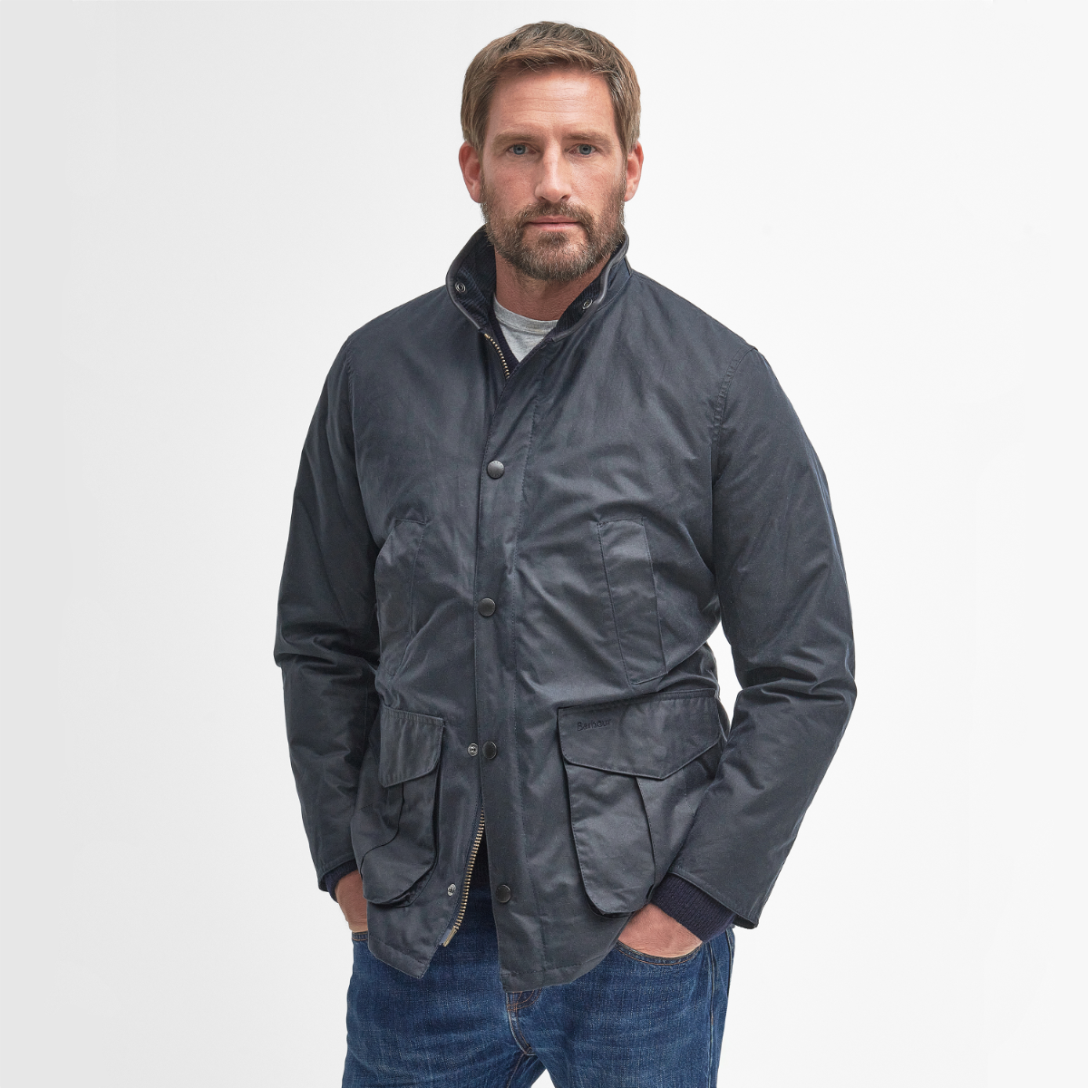Barbour Hereford wax jacket front view in navy on model