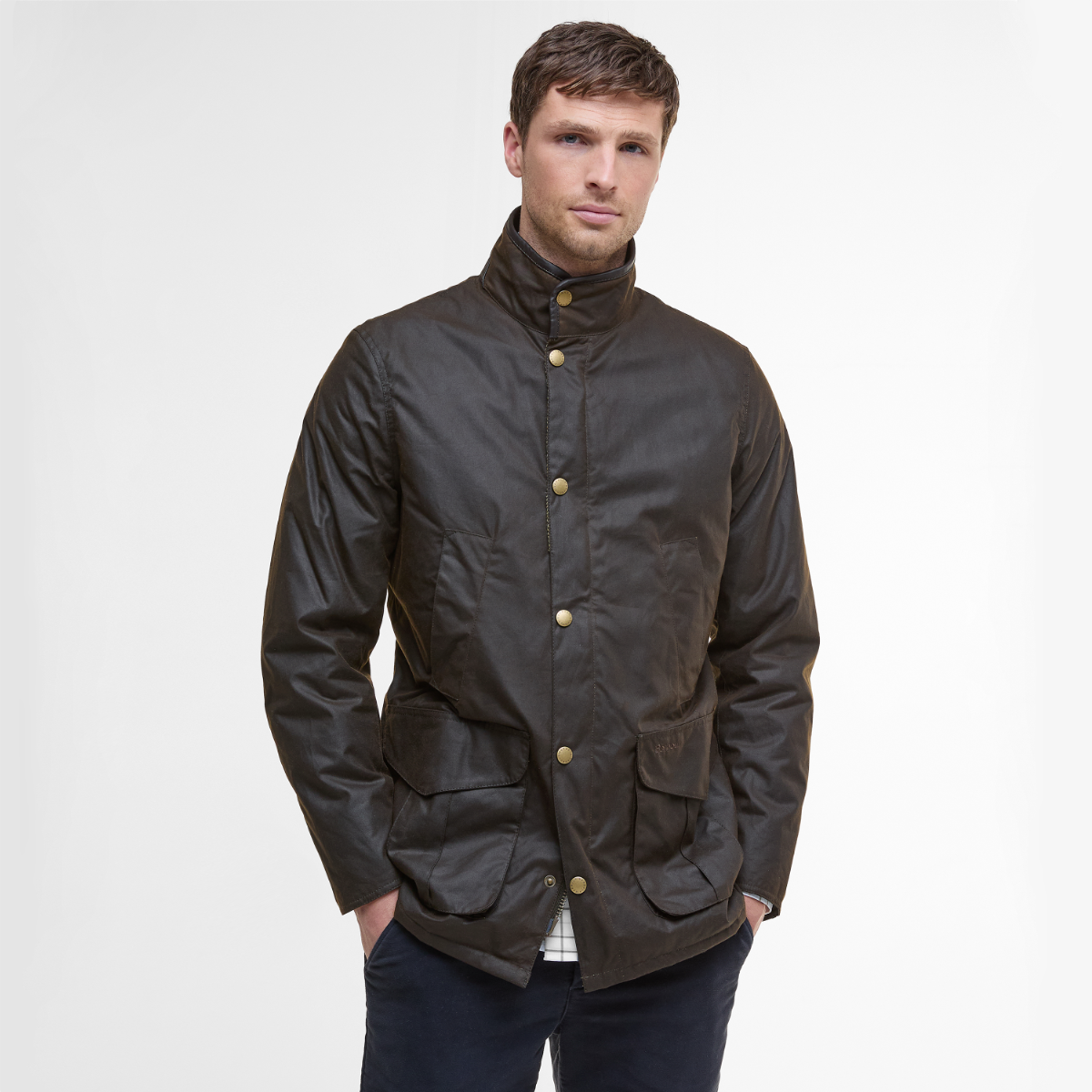 Barbour Hereford wax jacket front view in olive on model