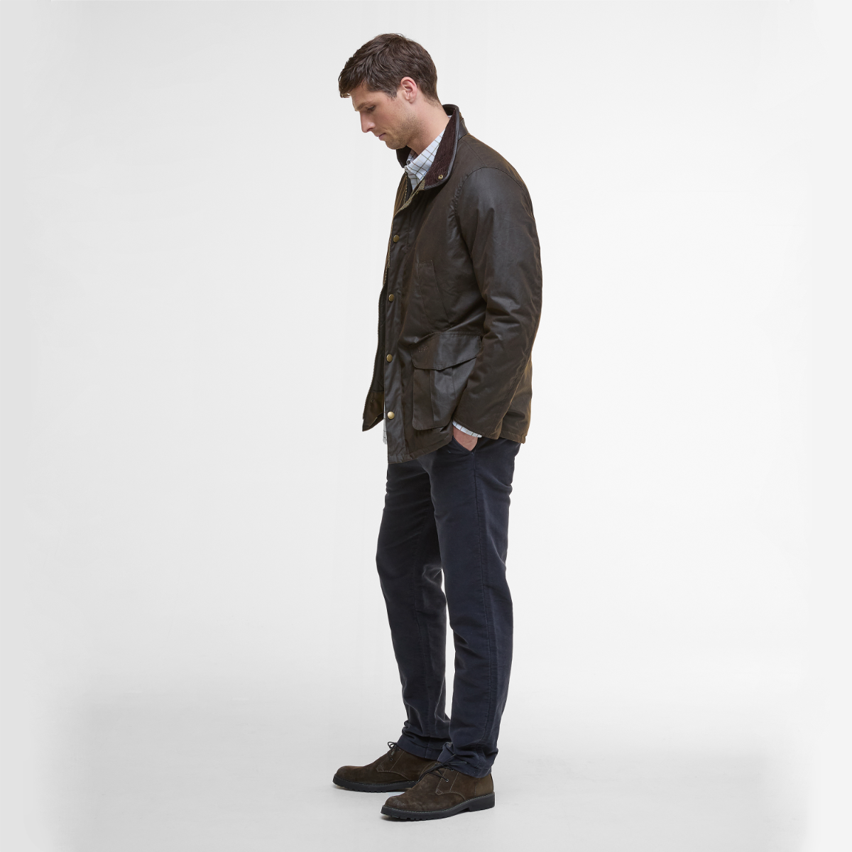 Barbour Hereford wax jacket front view in olive on model full height