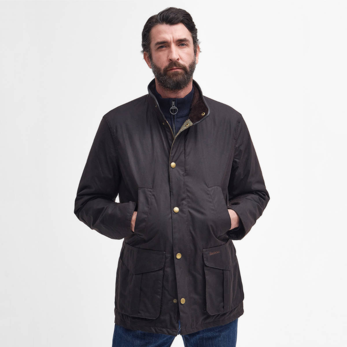 Barbour Hereford wax jacket front view in rustic on model