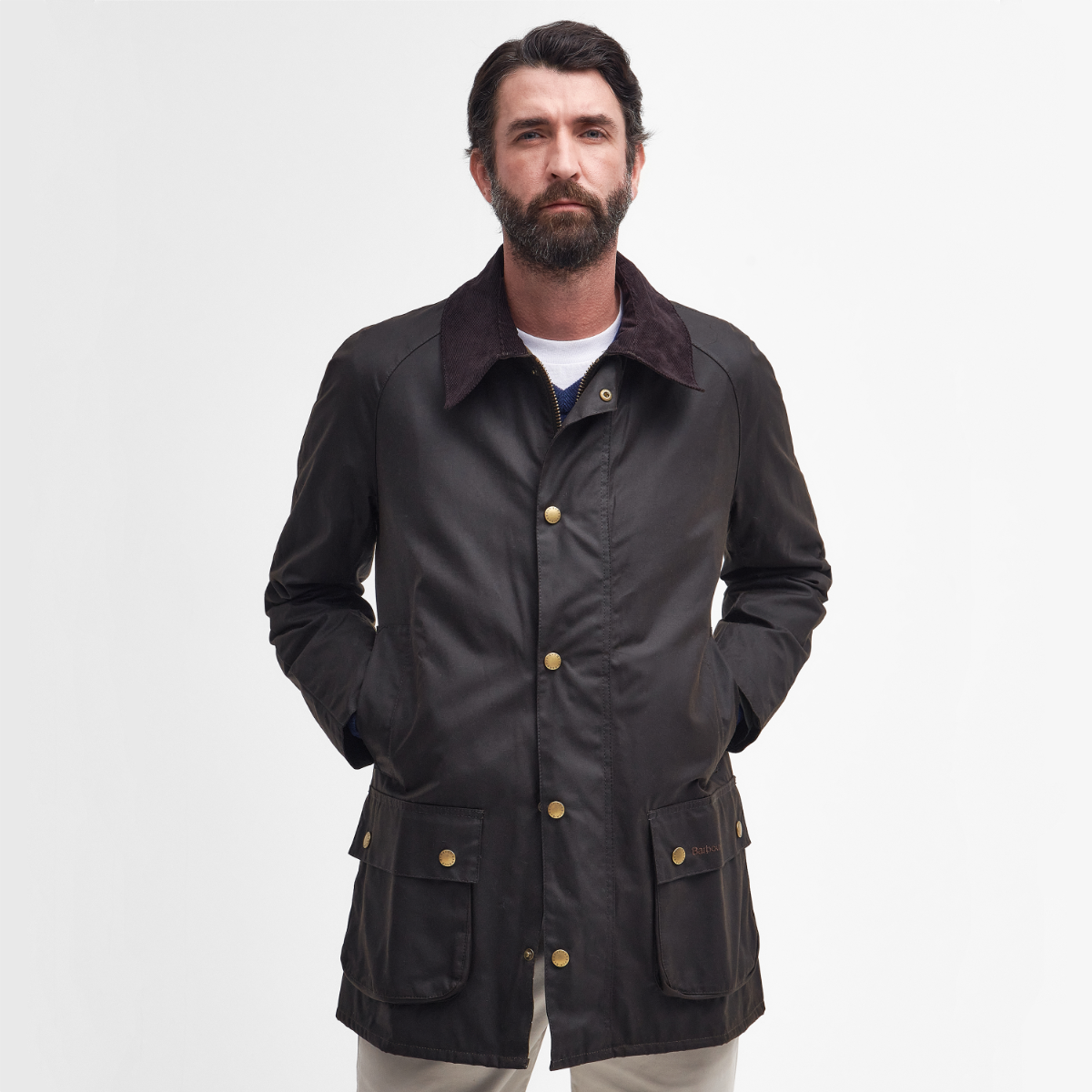 Barbour Beausby Men's Waxed Jacket front view in olive