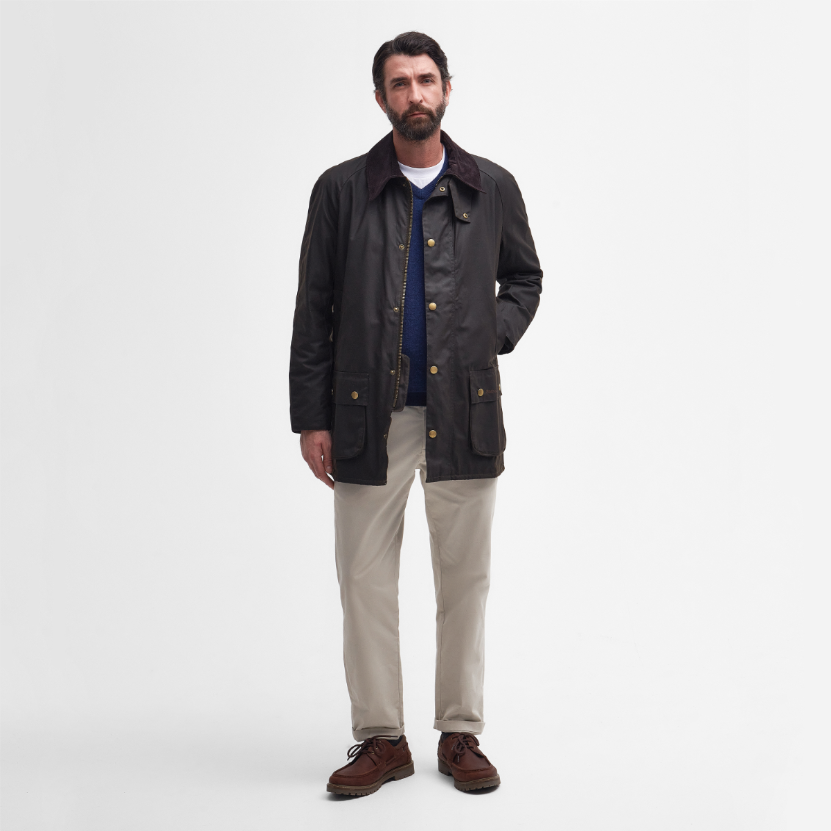 Barbour Beausby Men's Waxed Jacket front view in olive model full height