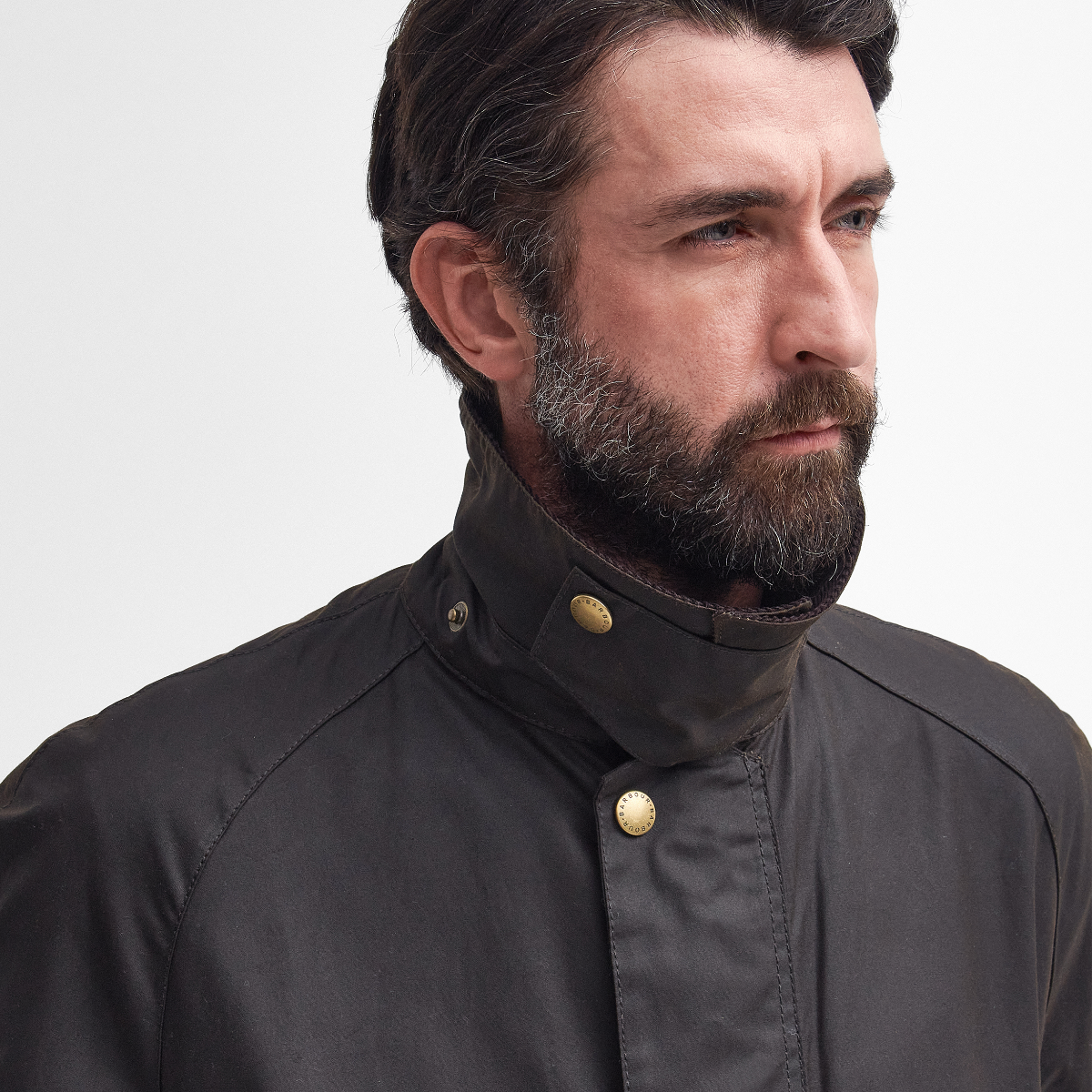 Close-up of Barbour Beausby corduroy collar and throat strap