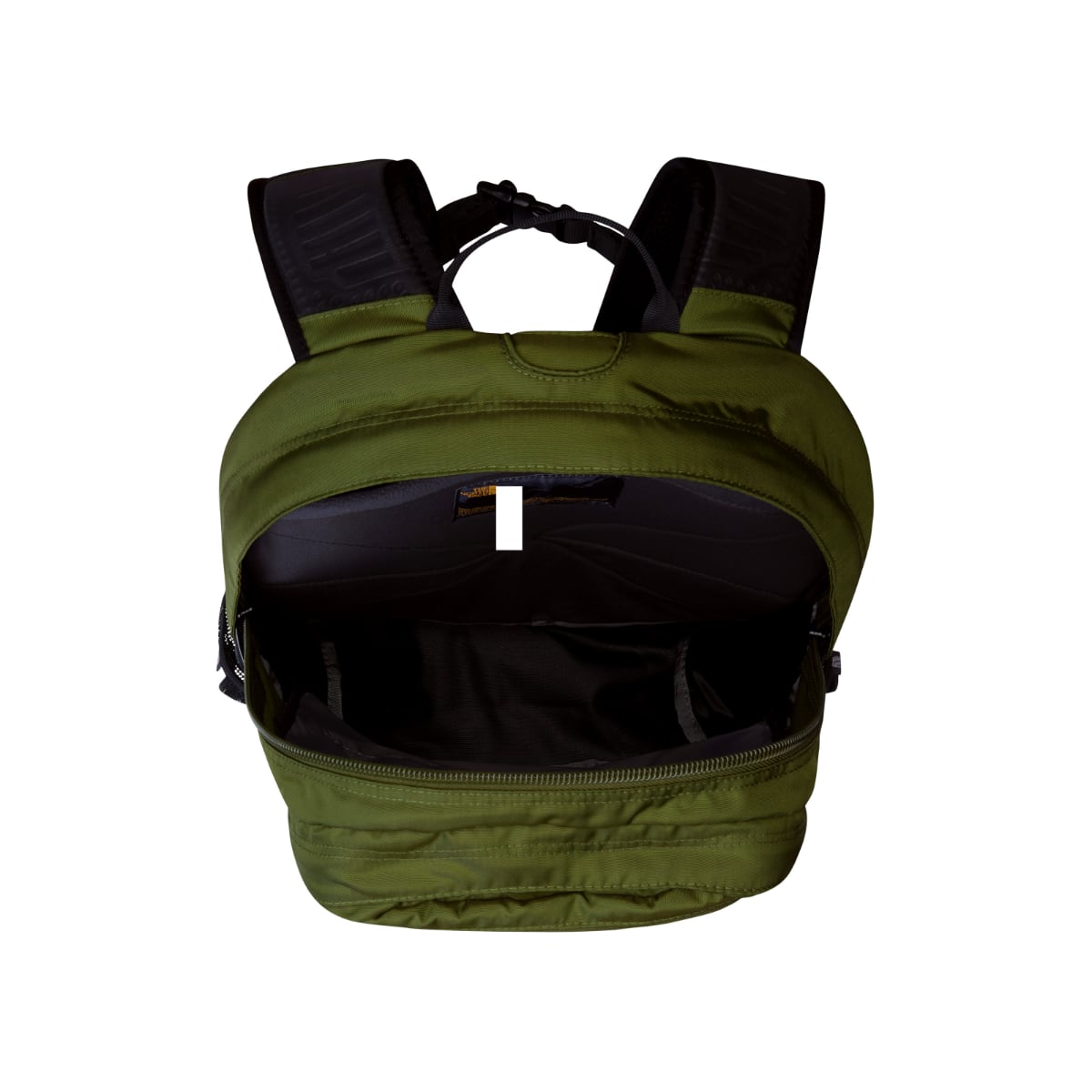 Front view of woodland green Borealis backpack with main compartment open showing black interior
