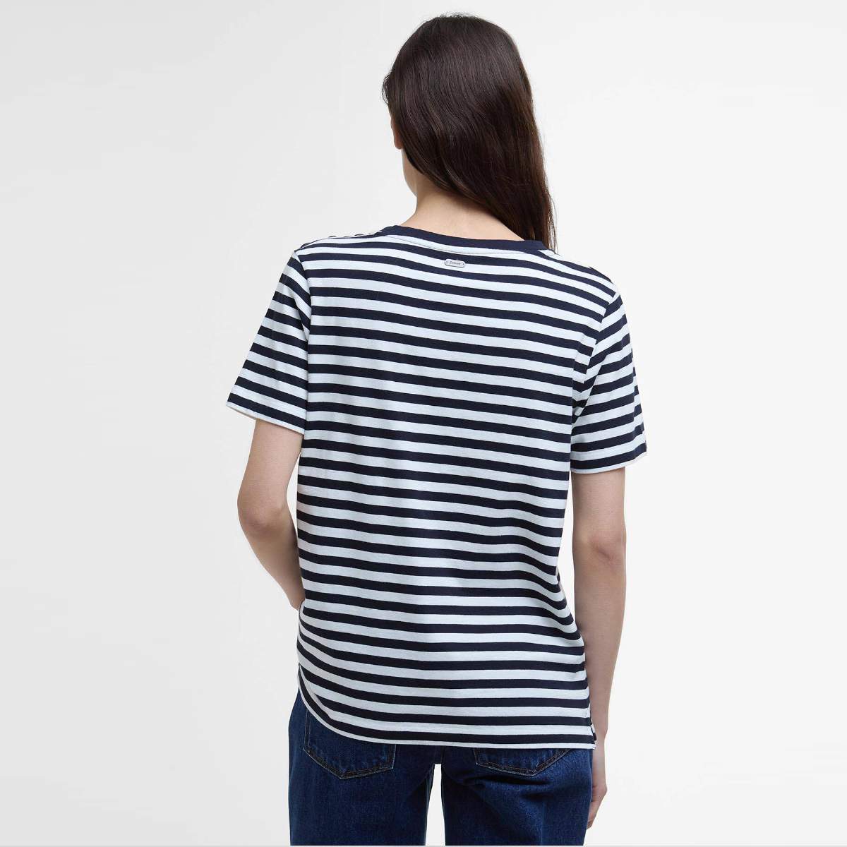 Back view of Barbour Ferryside Women's Top in navy and white stripes.