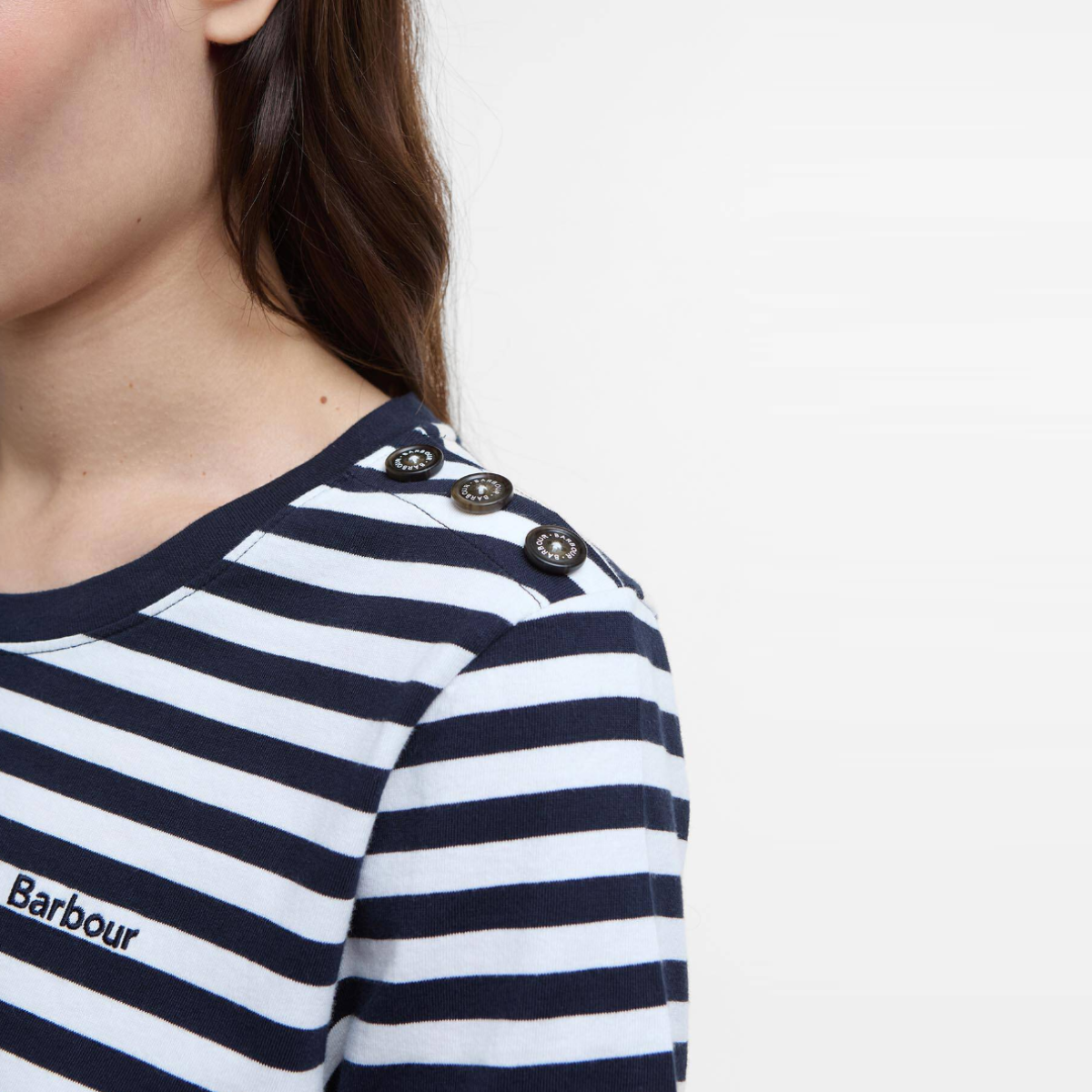Navy and white striped Barbour Ferryside top with shoulder button detail.