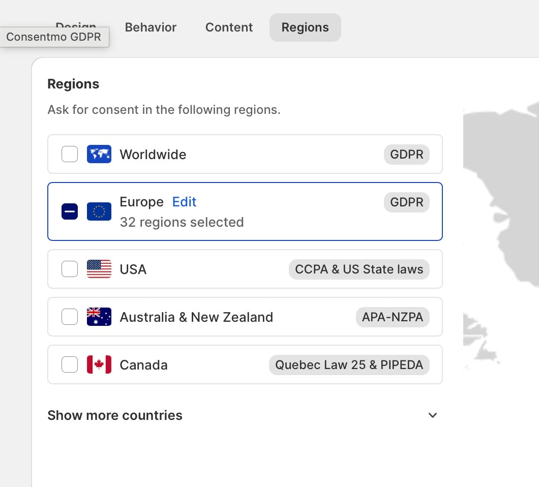 Regions consent panel with Europe selected and 32 regions listed alongside Worldwide USA Australia New Zealand and Canada.