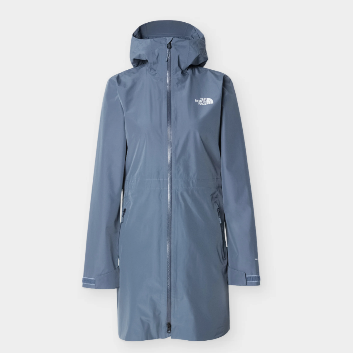 Full front view of Granite Grey Hikesteller waterproof parka on a plain light background.