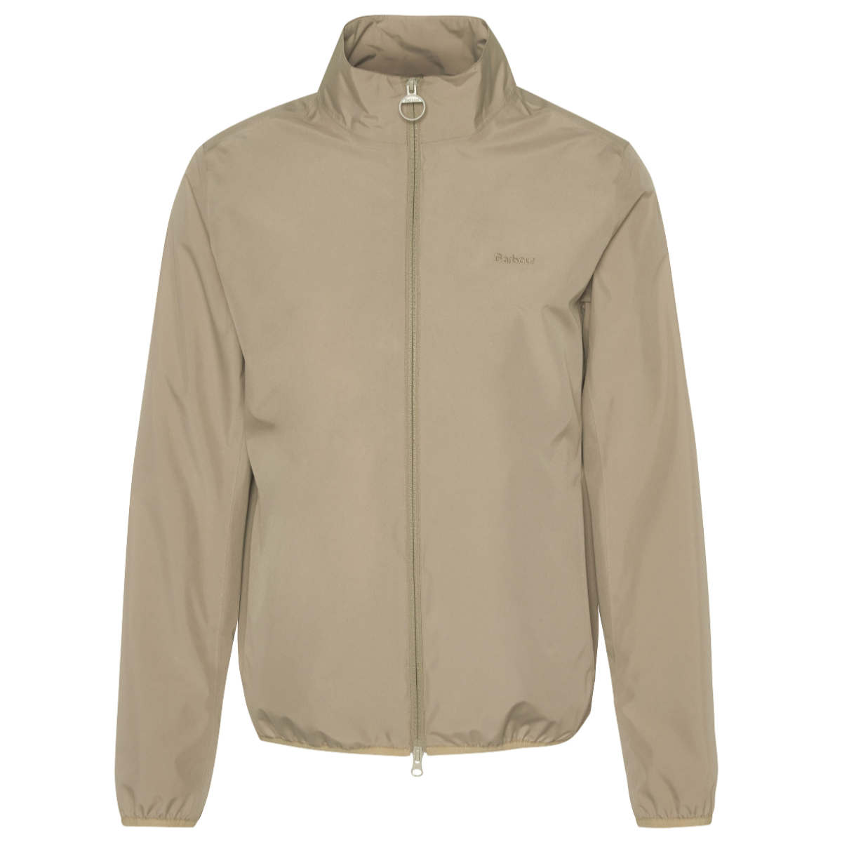 Front view of Barbour Korbel waterproof jacket in Washed Stone with full zip and stand collar