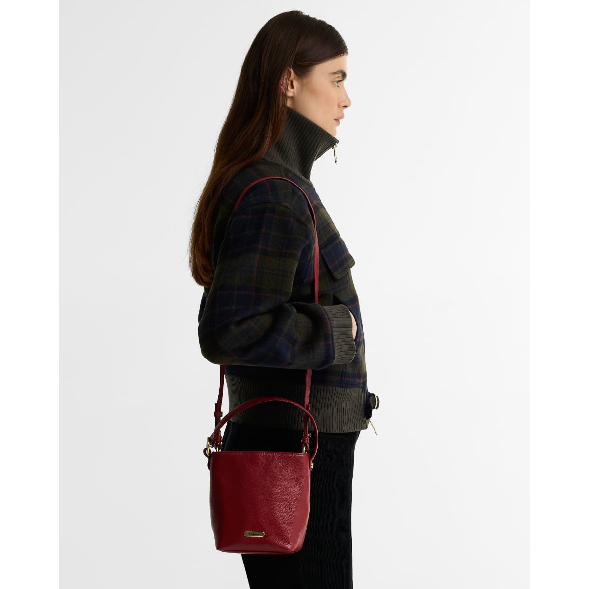 Barbour Cedar Mini Leather Bucket Bag | Red