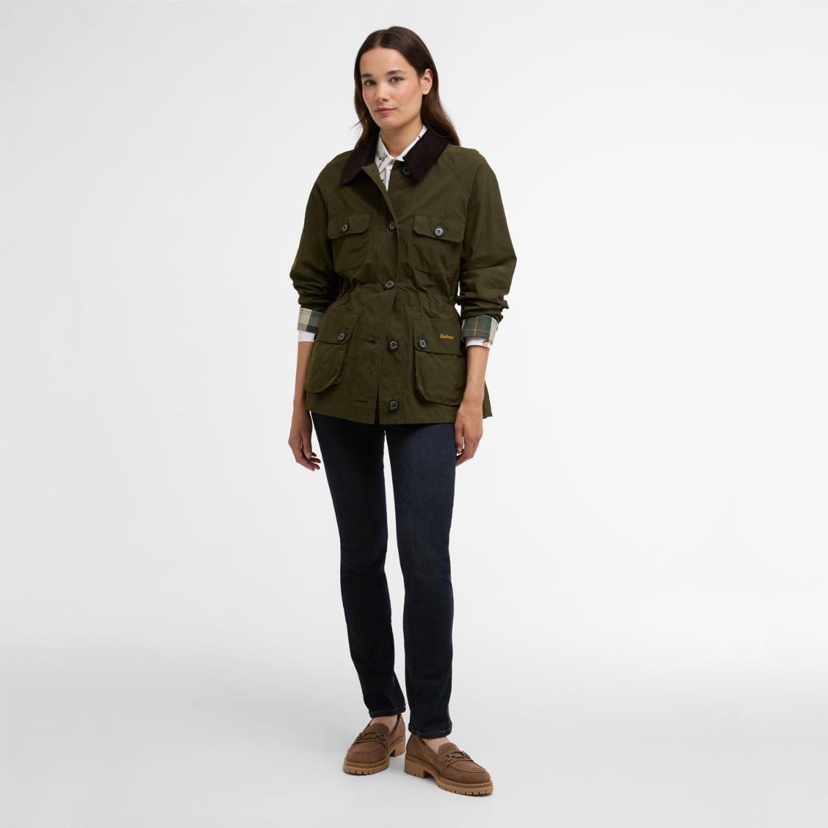 Olive Barbour Croton casual women's jacket worn by a model with button closure and multiple pockets