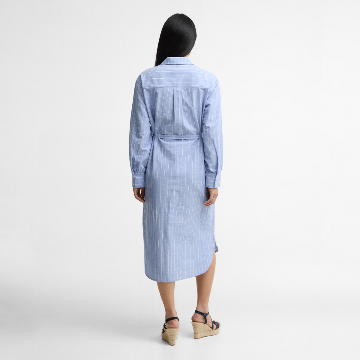 Back view of Barbour Avon women's striped chambray dress with waist belt