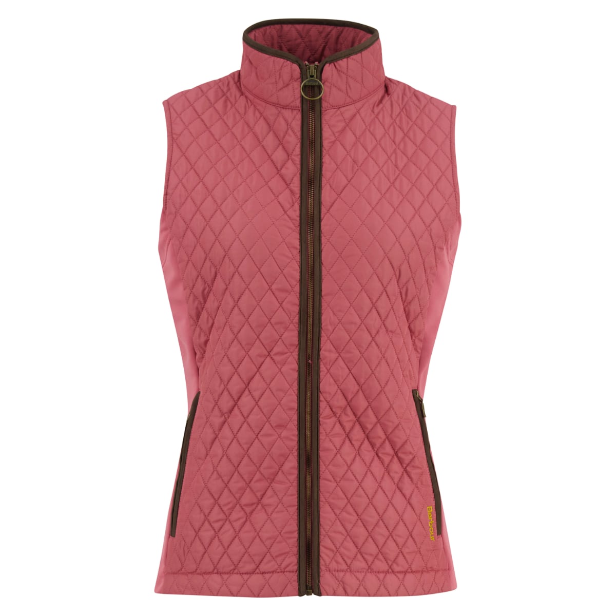 Pink quilted Barbour Basswood gilet with stand up collar, brown zipper and front pockets.