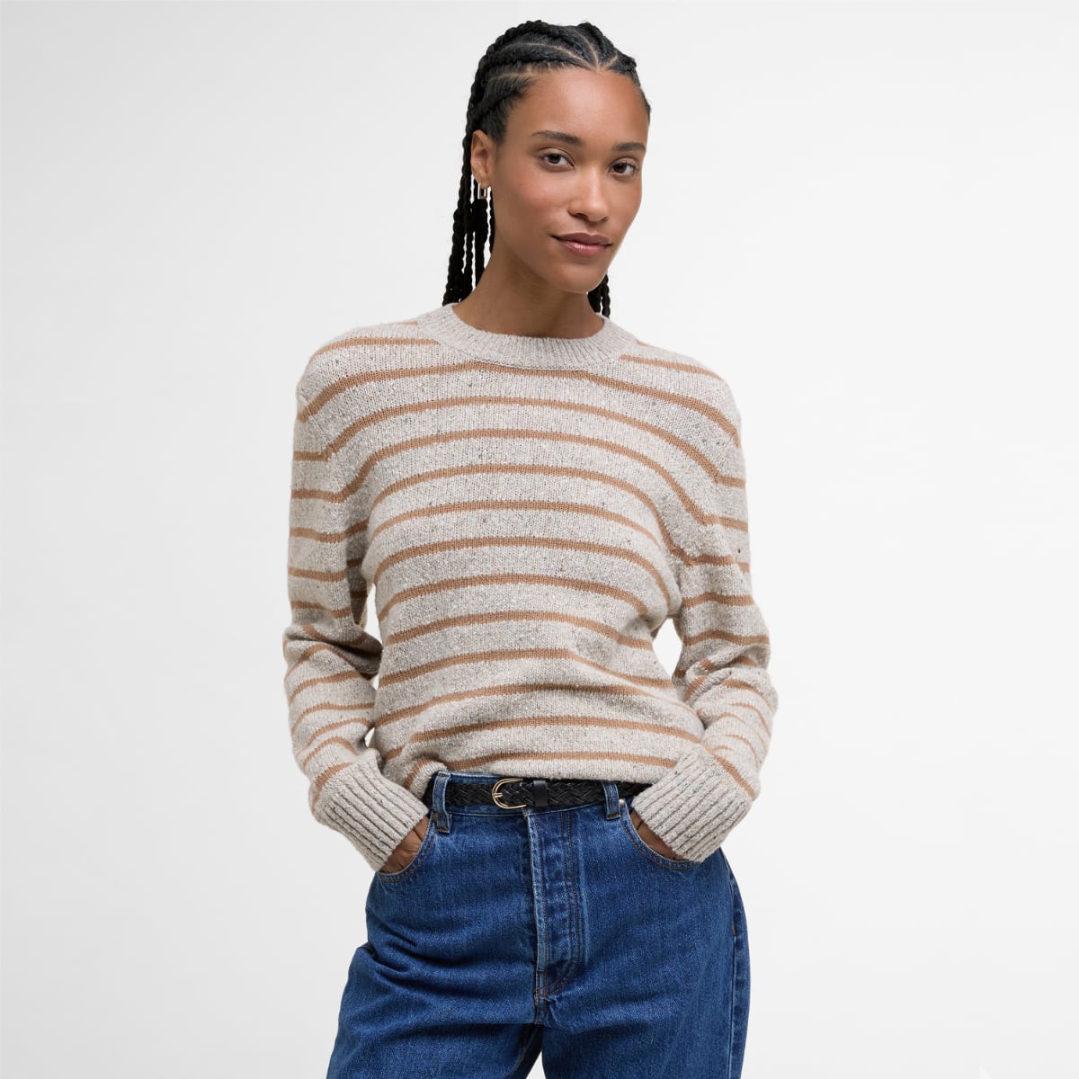 Barbour Claydon Striped Crew Neck Women's Knit | Oatmeal Stripe