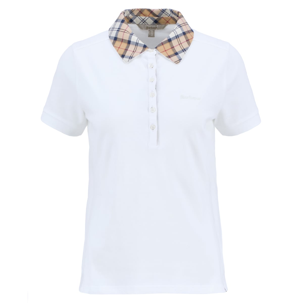White Barbour Malvern polo shirt for women with a beige plaid collar and button placket.