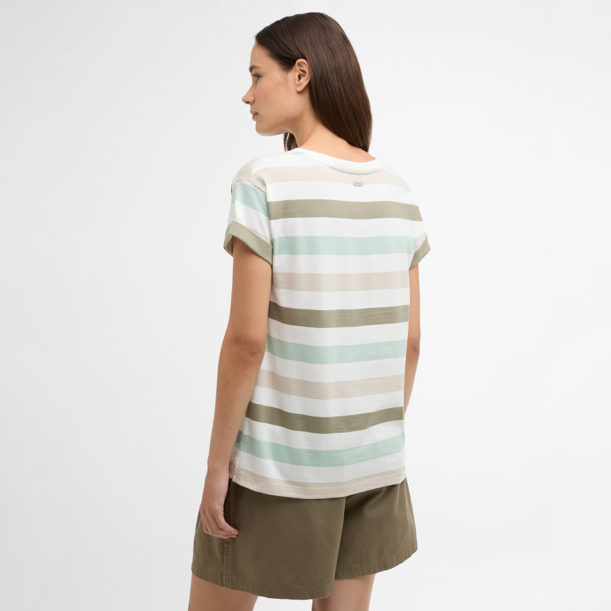 Back view of Barbour Lyndale striped T shirt in Spearment worn with olive shorts