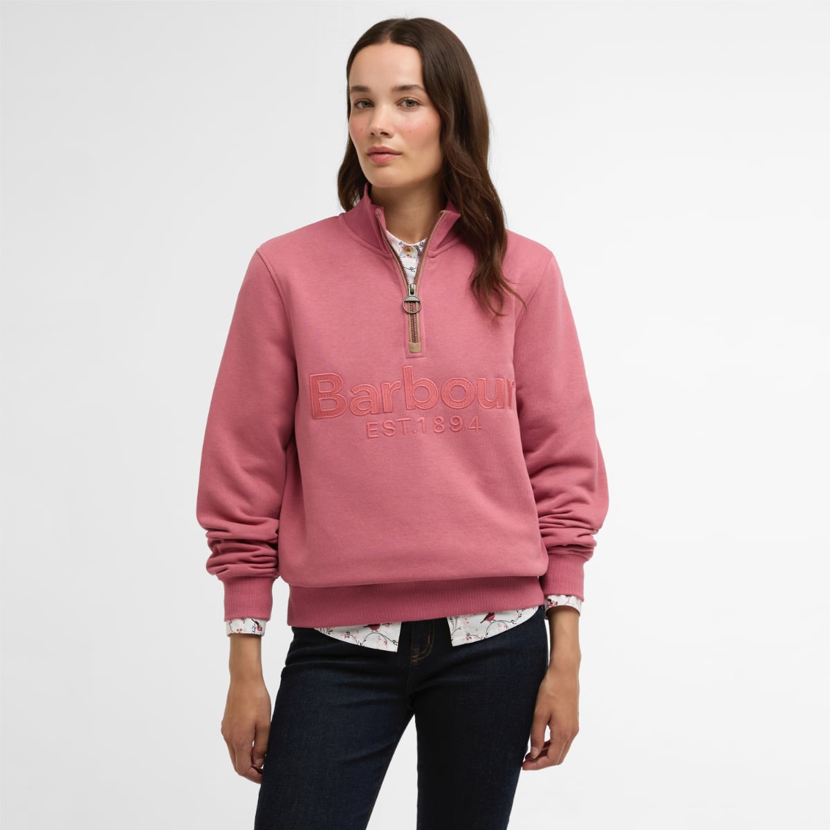 Barbour Cynthia half zip sweatshirt in pink with a ring pull zipper and embossed Barbour logo.