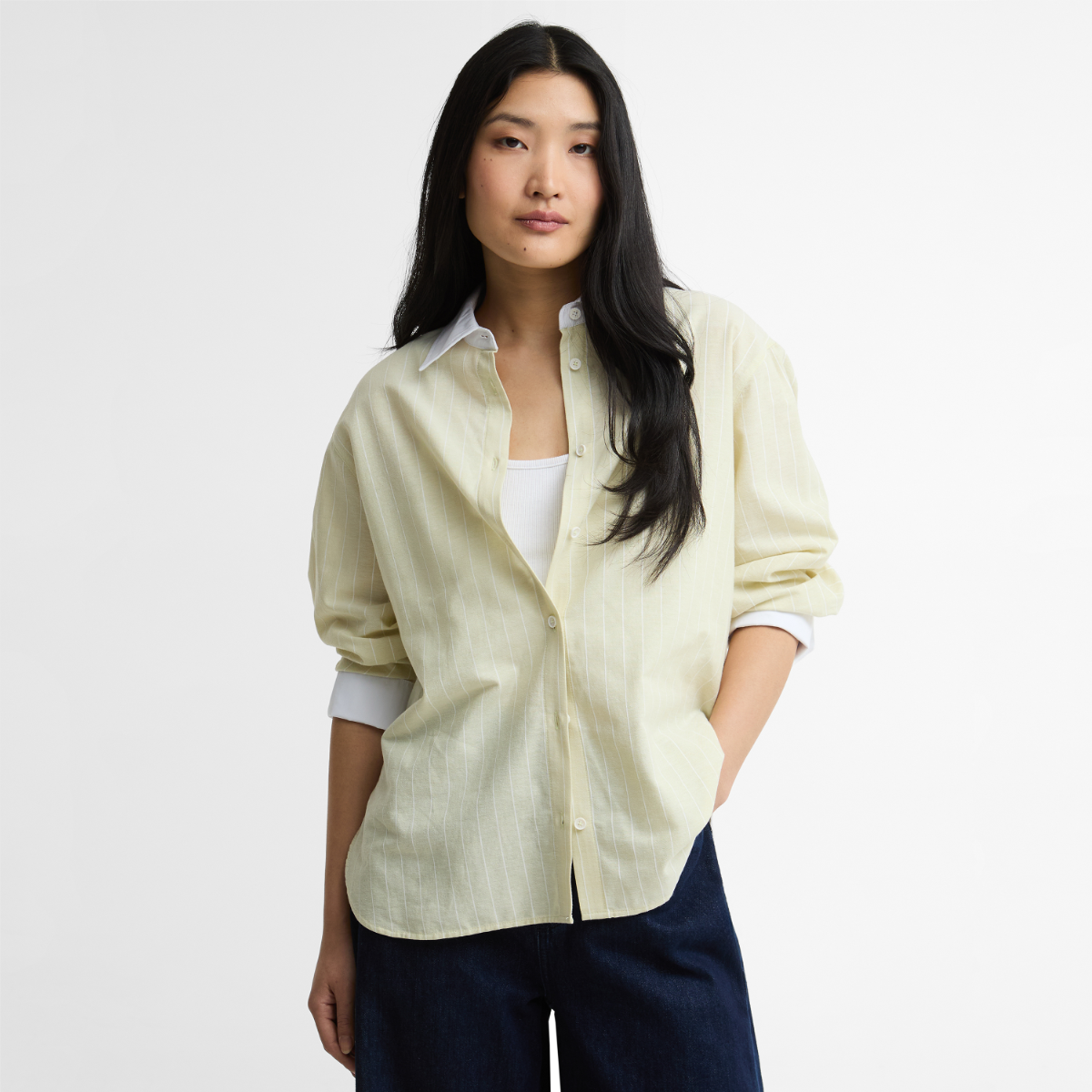 Barbour Avon striped relaxed long-sleeved shirt in soured citrus white on a model.