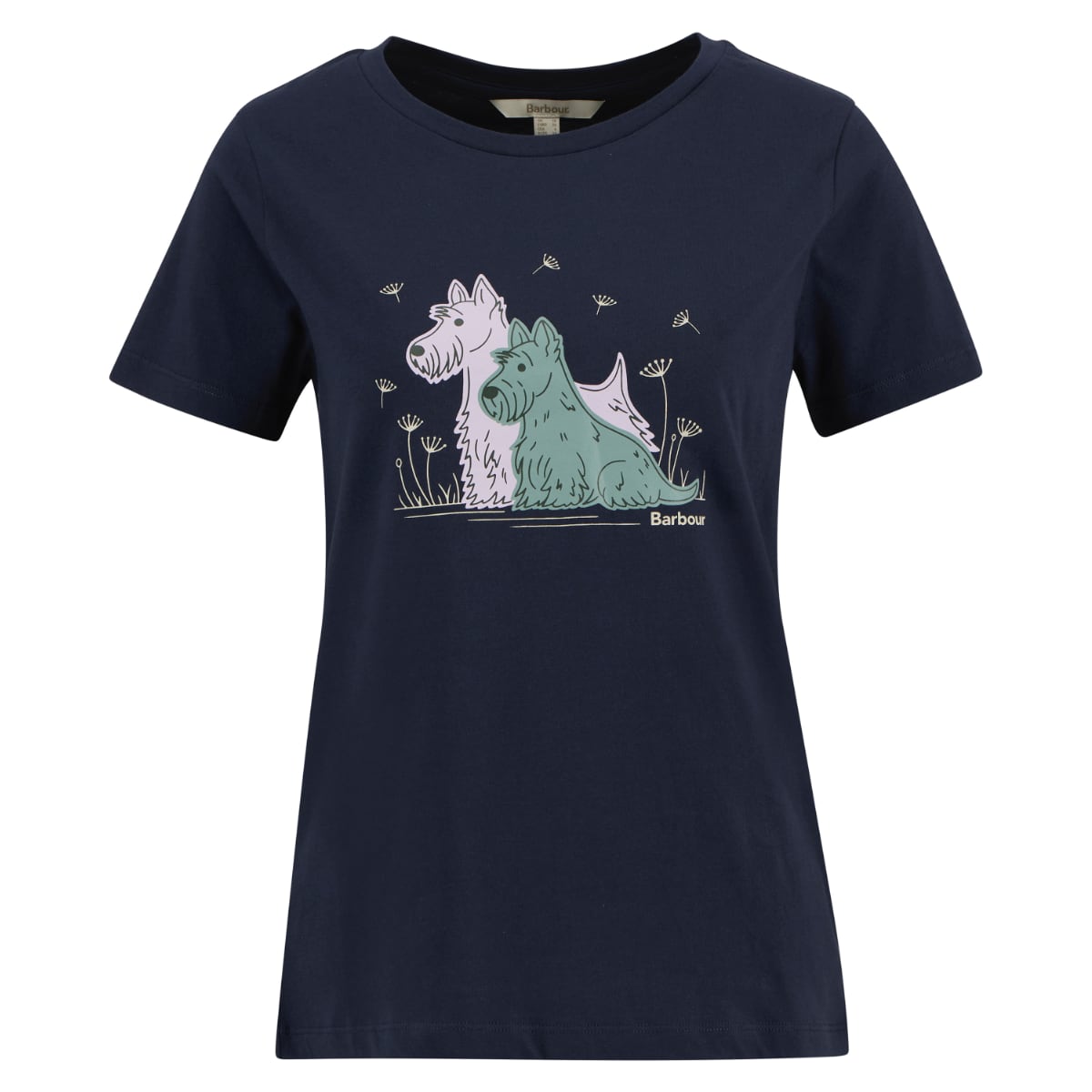 Barbour Clover T-Shirt Women's navy with pastel dog illustration on the front