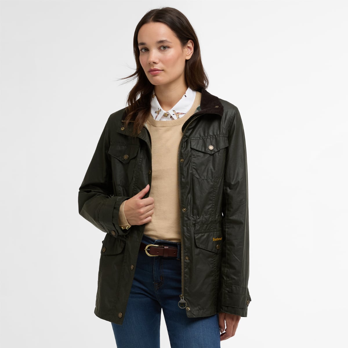Barbour Summer Sapper waxed jacket in olive worn by a model with multiple pockets and brass hardware