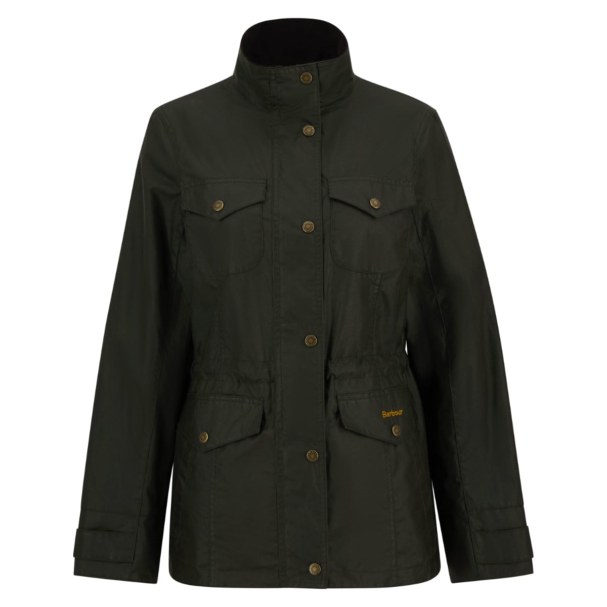 Barbour Summer Sapper waxed olive jacket with brass buttons, stand collar and multiple front pockets.