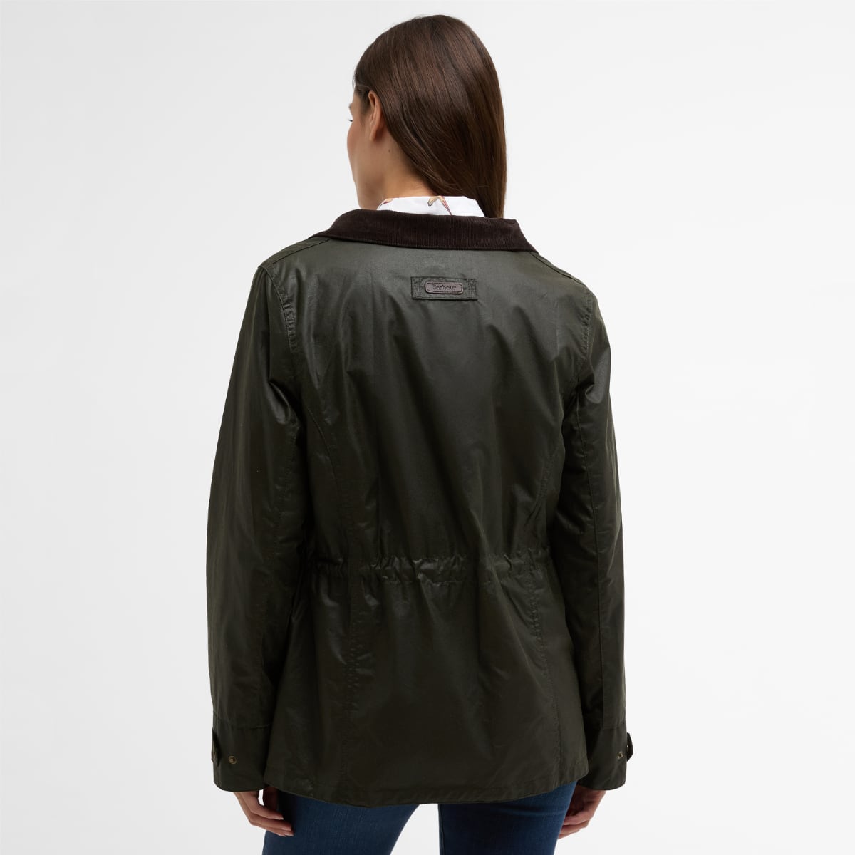 Back view of olive Barbour Summer Sapper waxed jacket with cinched waist and brown collar.