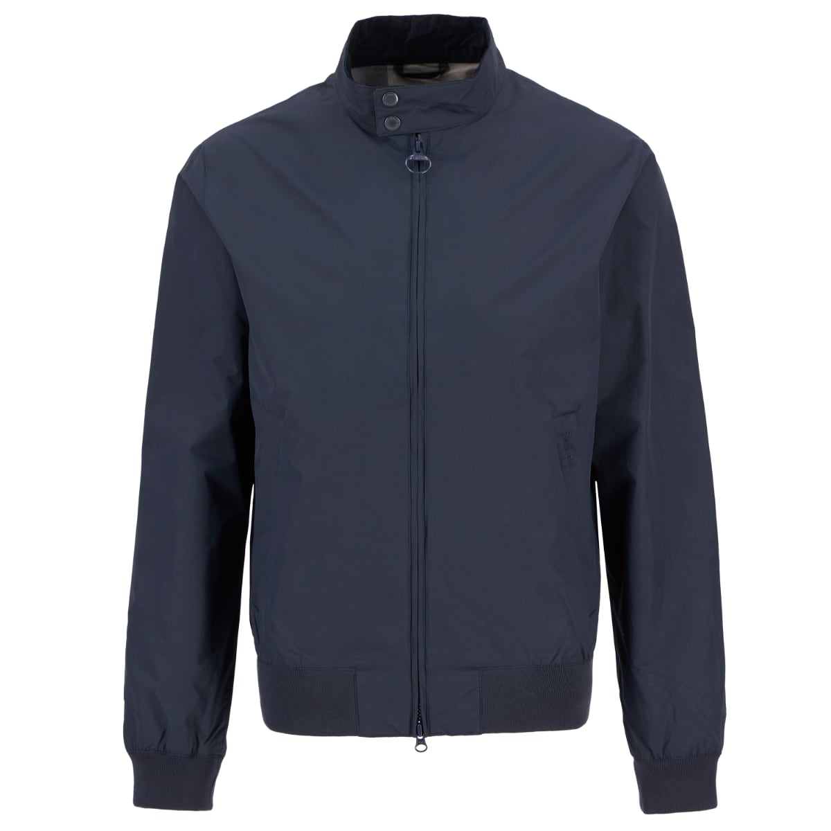 Barbour Royston navy men's casual jacket shown from the front with a stand collar and full zip