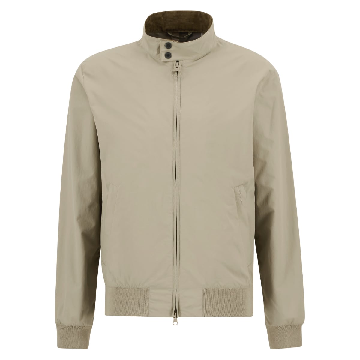 Barbour Royston men's casual jacket in washed stone with zip front and snap stand collar.