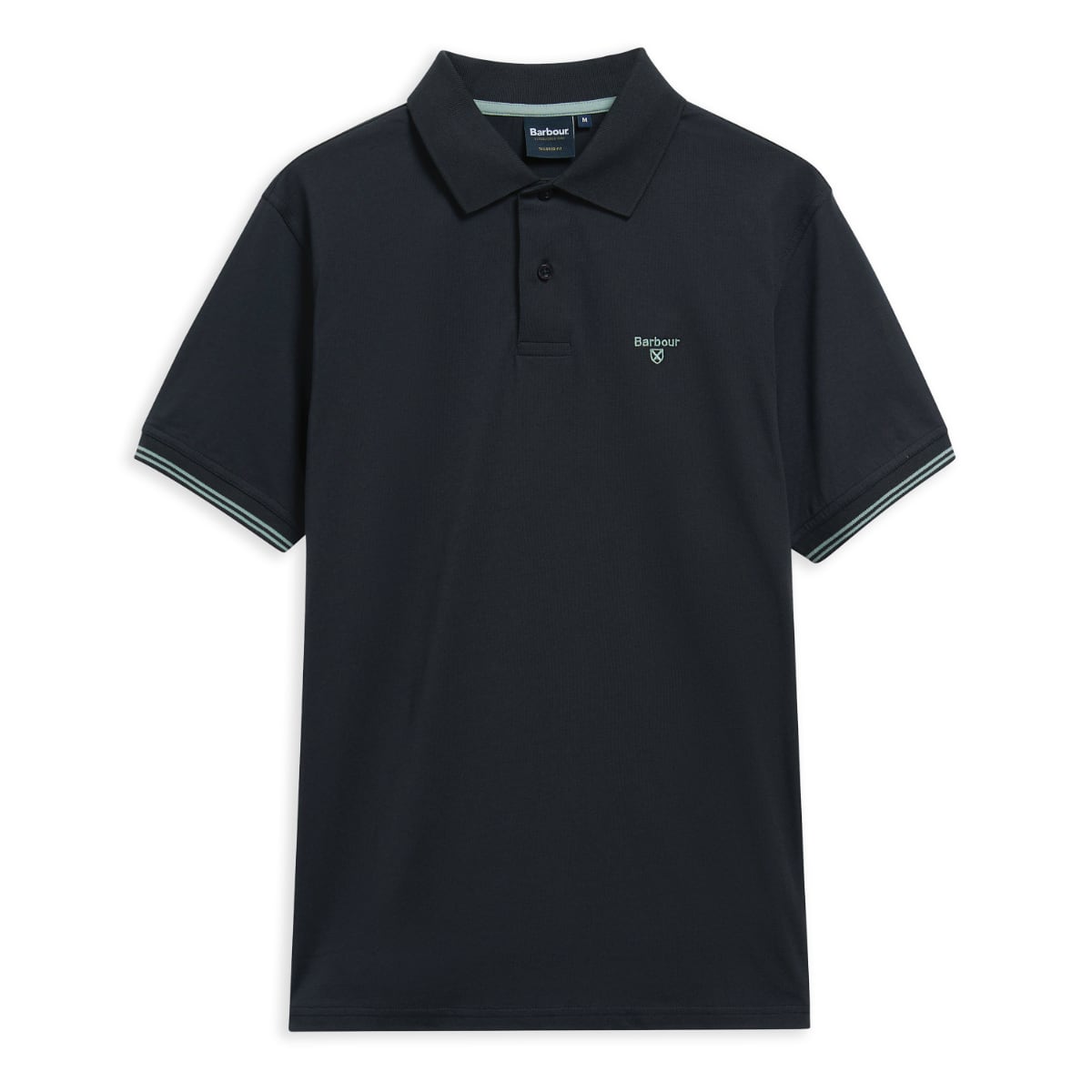 Barbour Austwick tailored men's polo shirt in dark navy laid flat with collar visible.