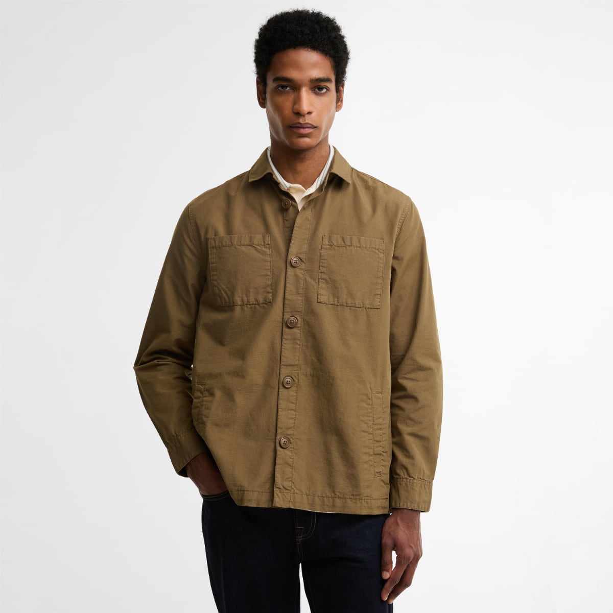 Barbour Rickfell Ripstop men's overshirt in clay shown front view with two chest patch pockets