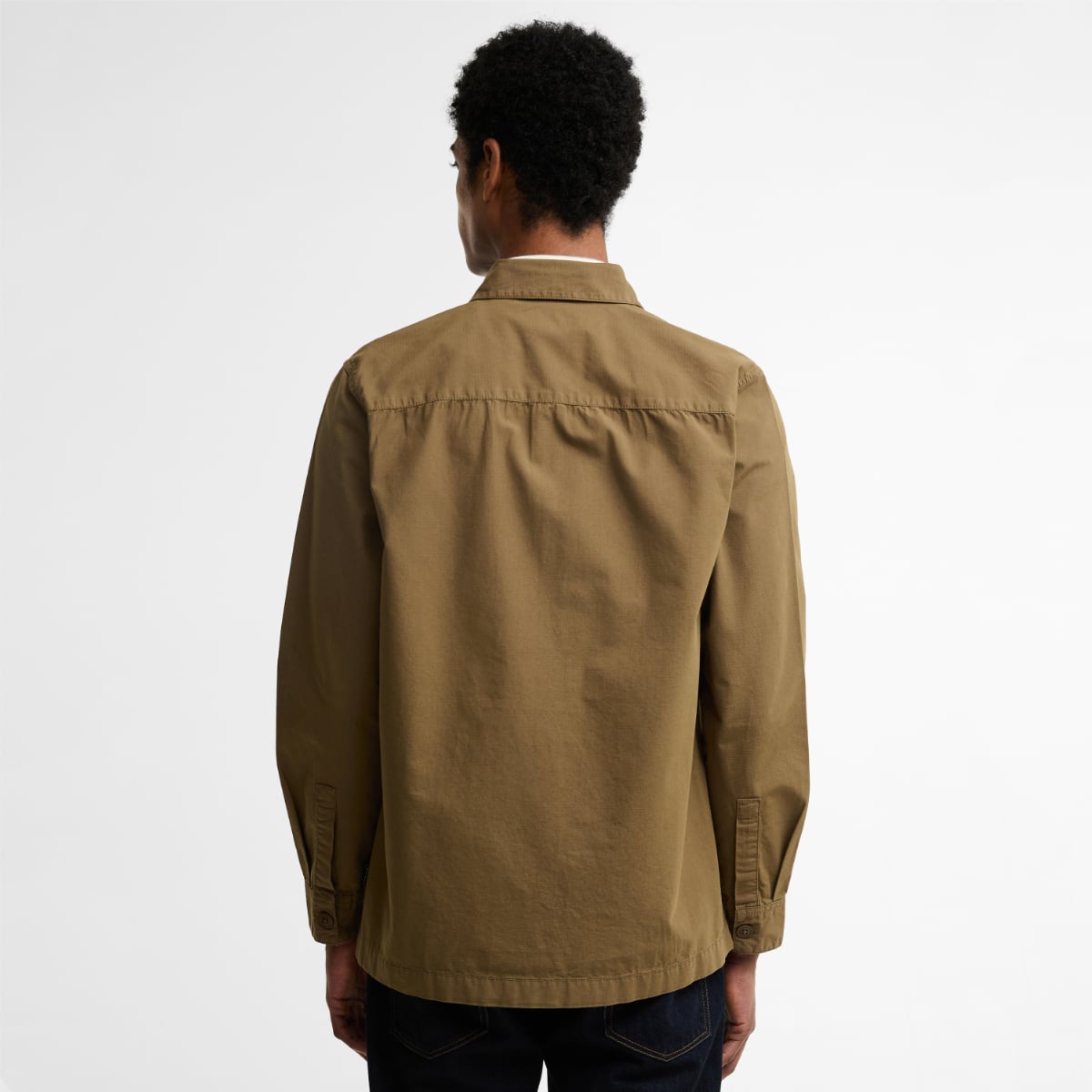 Back view of Barbour Rickfell Ripstop overshirt in clay on a model