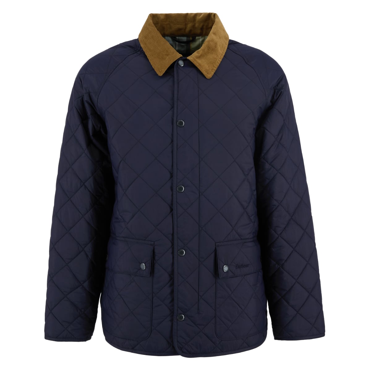 Barbour City Bedale quilted navy men's jacket with brown corduroy collar and front pockets
