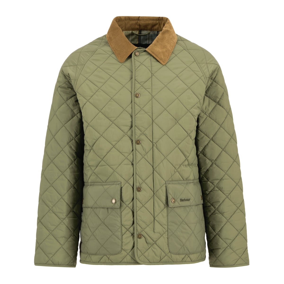Front view of Barbour City Bedale quilted jacket in dusty olive with tan corduroy collar and patch pockets.