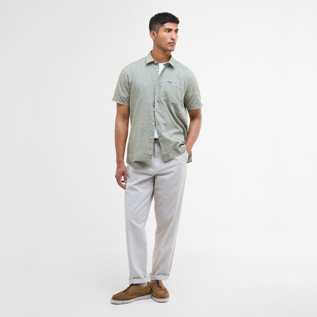 Bleached olive Barbour Nelson short sleeve shirt front view on white background.