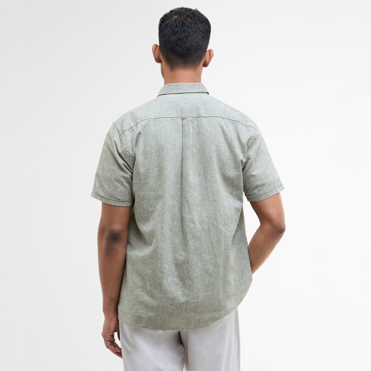 Back view of Barbour Nelson short sleeve regular fit shirt in bleached olive