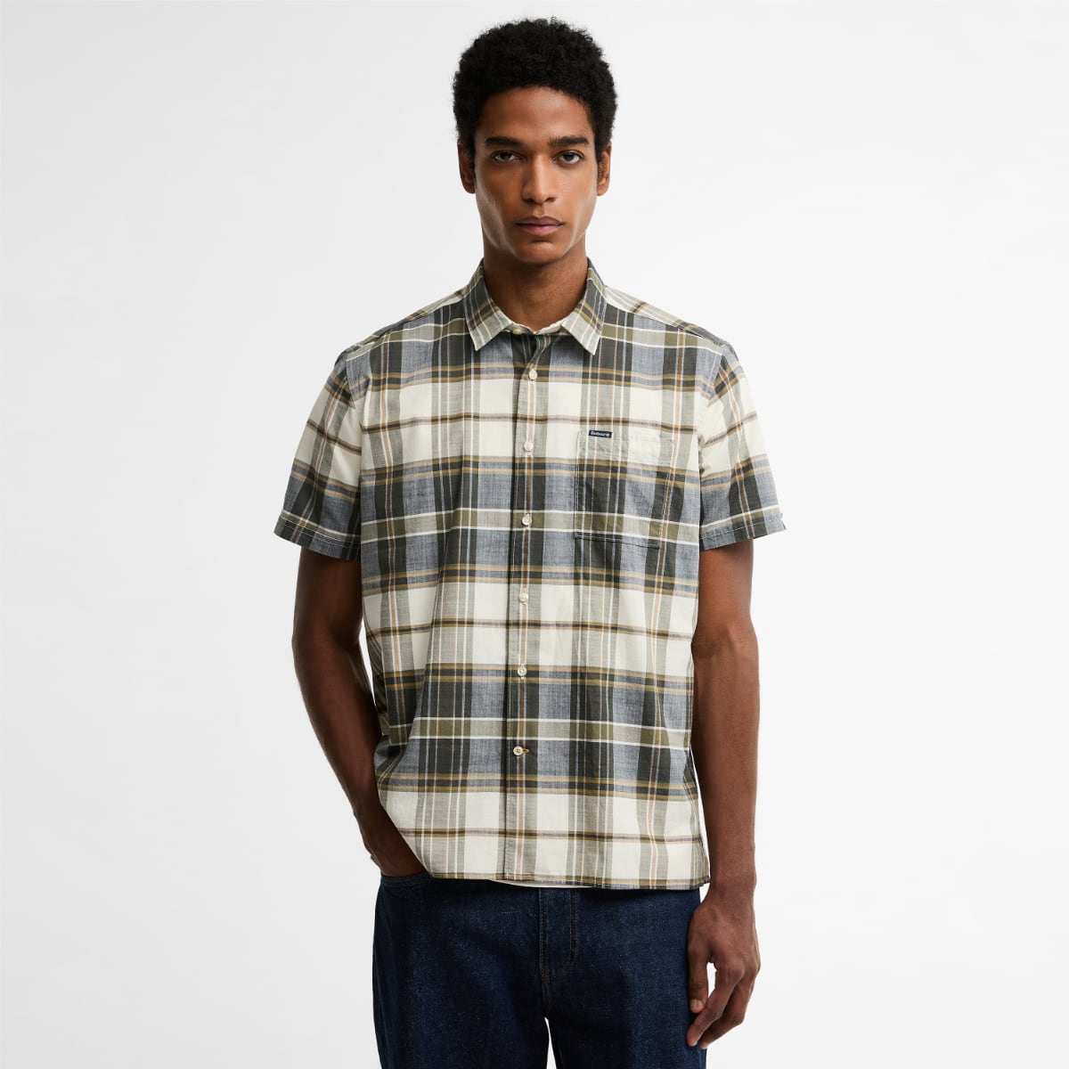 Barbour Grassbeach tartan short-sleeve relaxed fit shirt in whisper white on a model