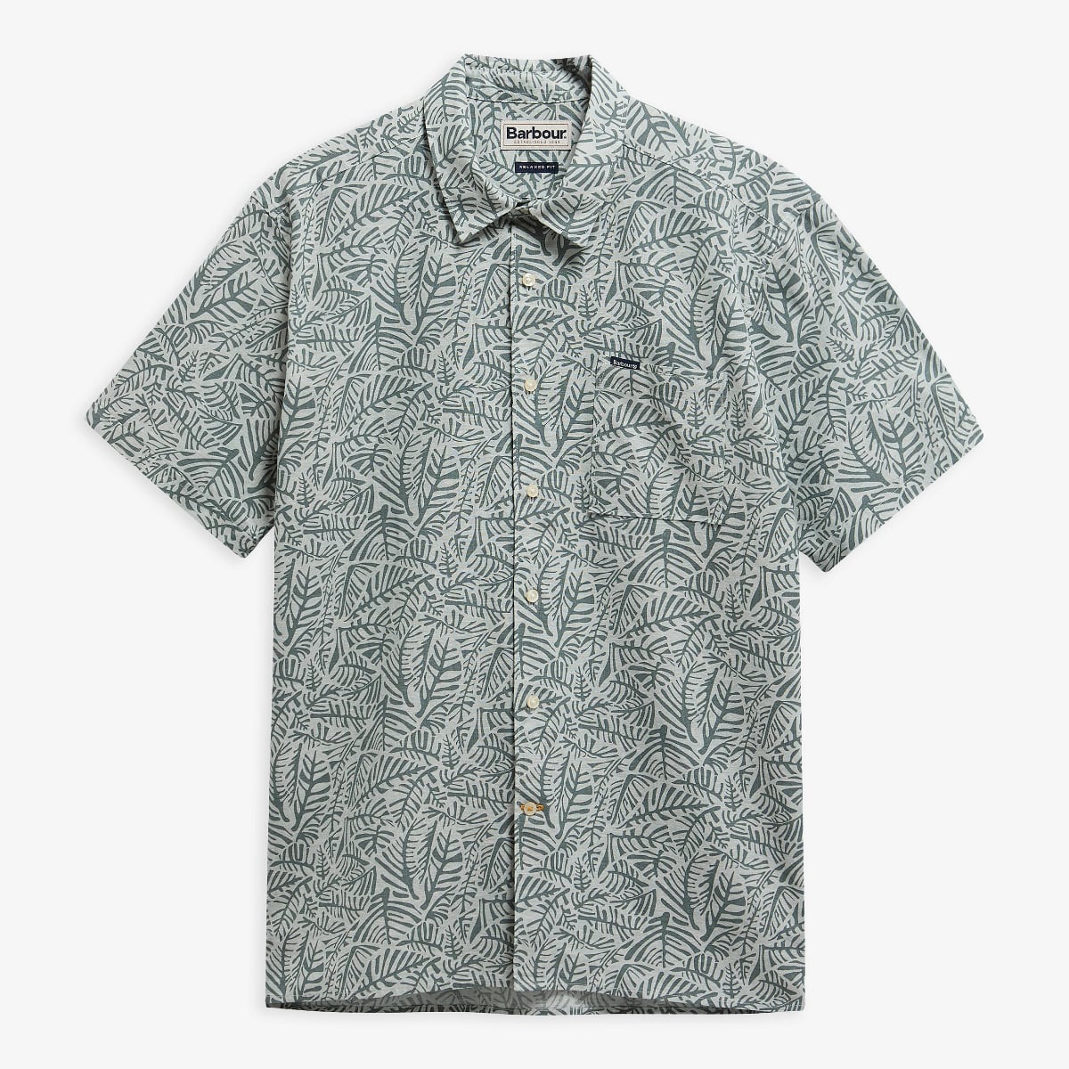 Flat lay of Barbour Dearham short sleeve shirt in Dusty Slate with a leafy print and beige buttons.