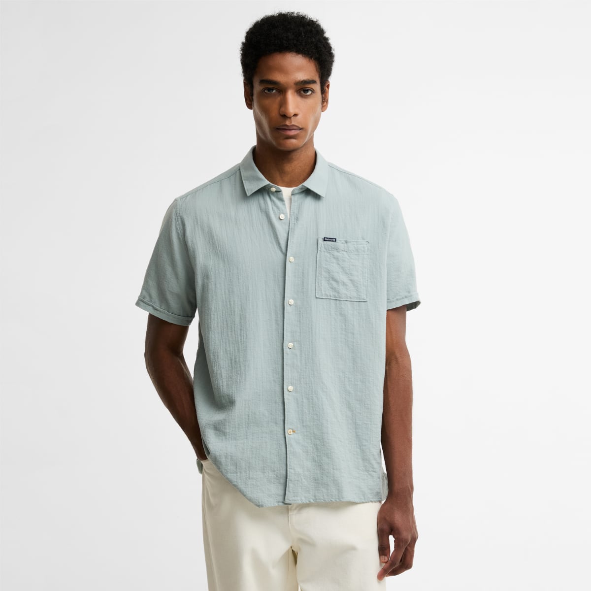 Barbour Kingswood short sleeve relaxed fit shirt in dusty slate worn by a male model