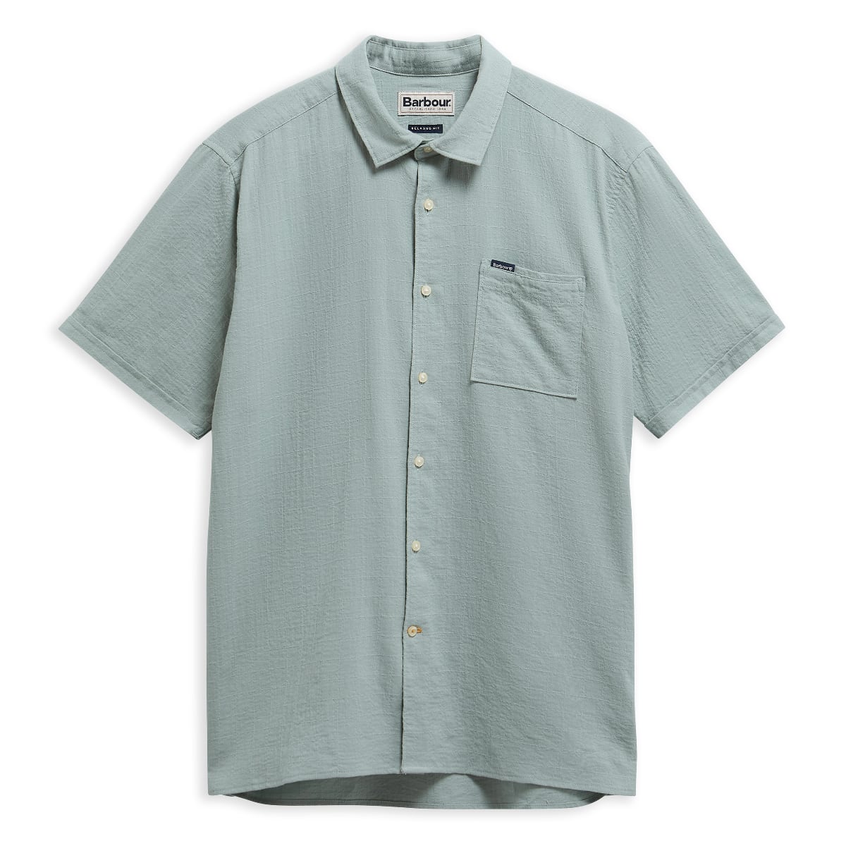 Front view of Barbour Kingswood short-sleeved relaxed-fit men's shirt in dusty slate
