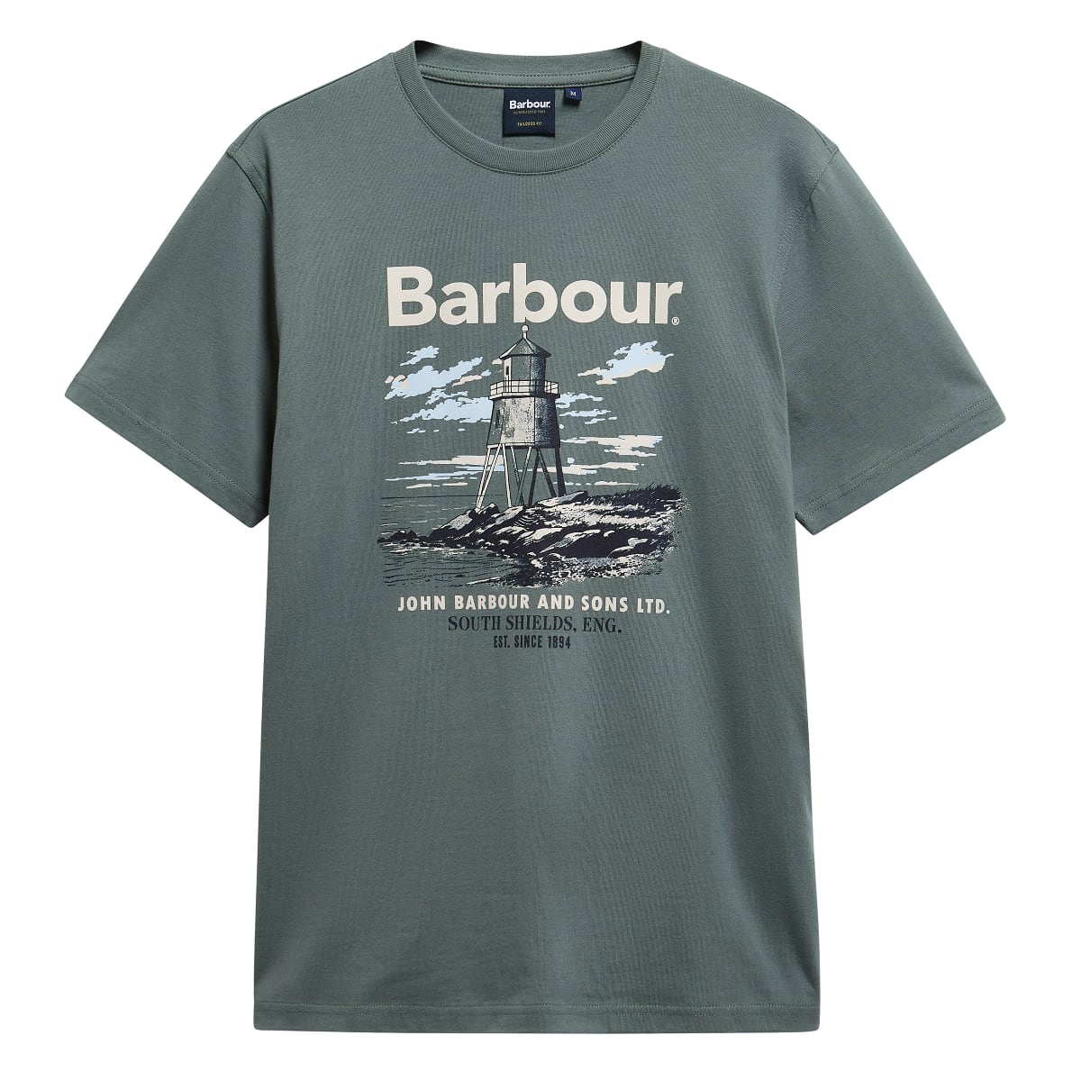 Front close-up of Barbour Harbourside Graphic Tailored Men's T-Shirt in Vintage Teal with lighthouse graphic