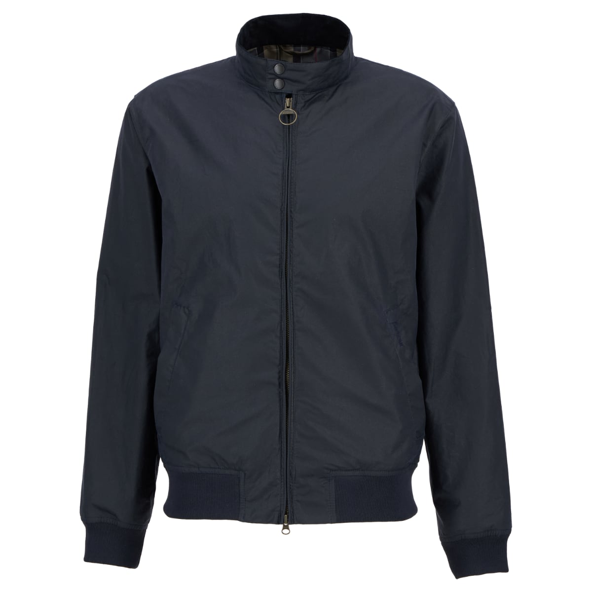 Front view of a navy Barbour Lightweight Royston waxed jacket with a ring pull zipper.