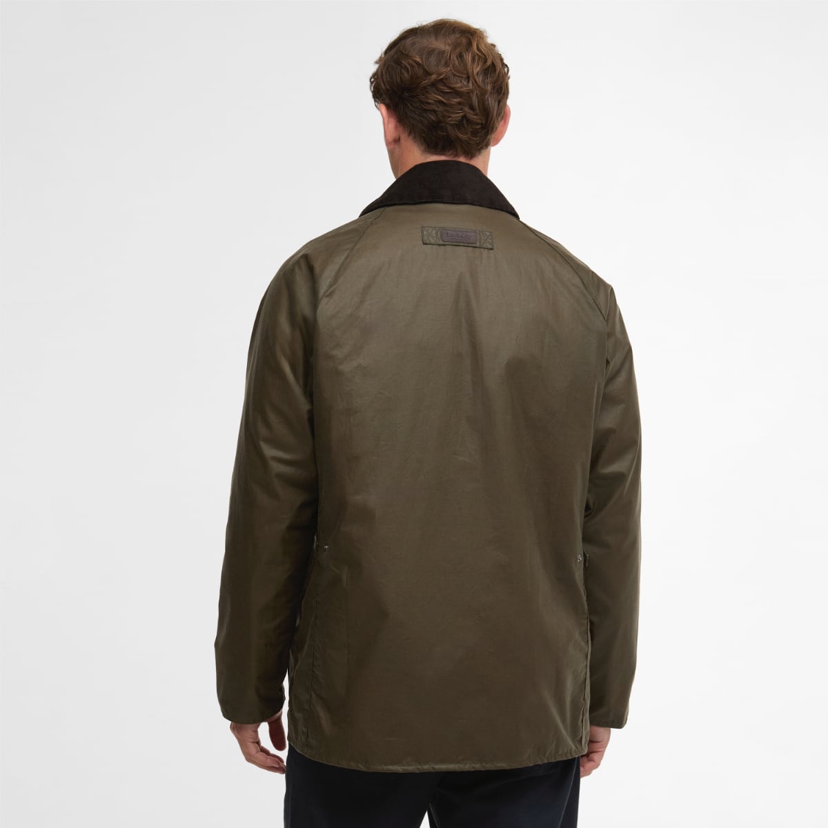 Back view of olive Barbour Lightweight Stratford Waxed Jacket Beech with dark collar.