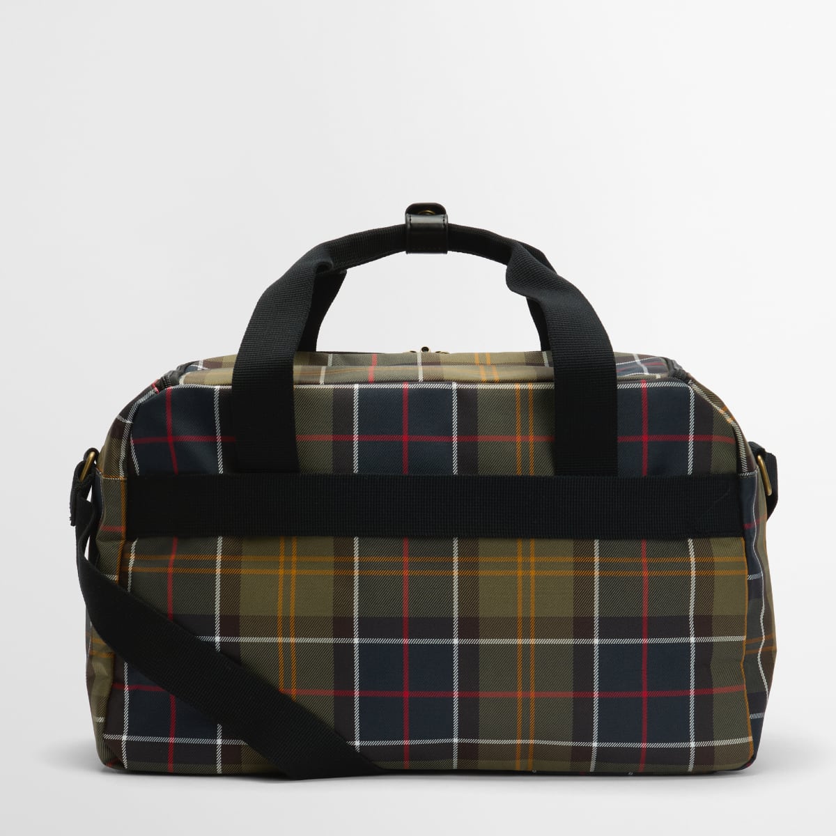 Barbour Torridon Tartan Flight Bag with black top handles and detachable shoulder strap