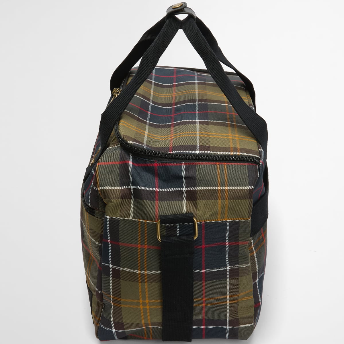 Barbour Torridon Tartan Flight Bag shown upright with top handles and front buckle strap