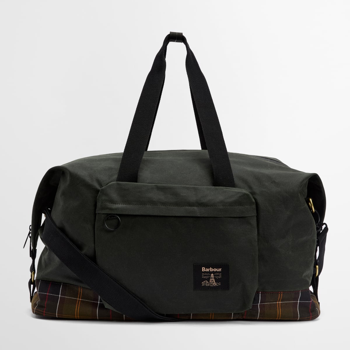 Barbour Field Wax Holdall in sage green with black handles and plaid base.