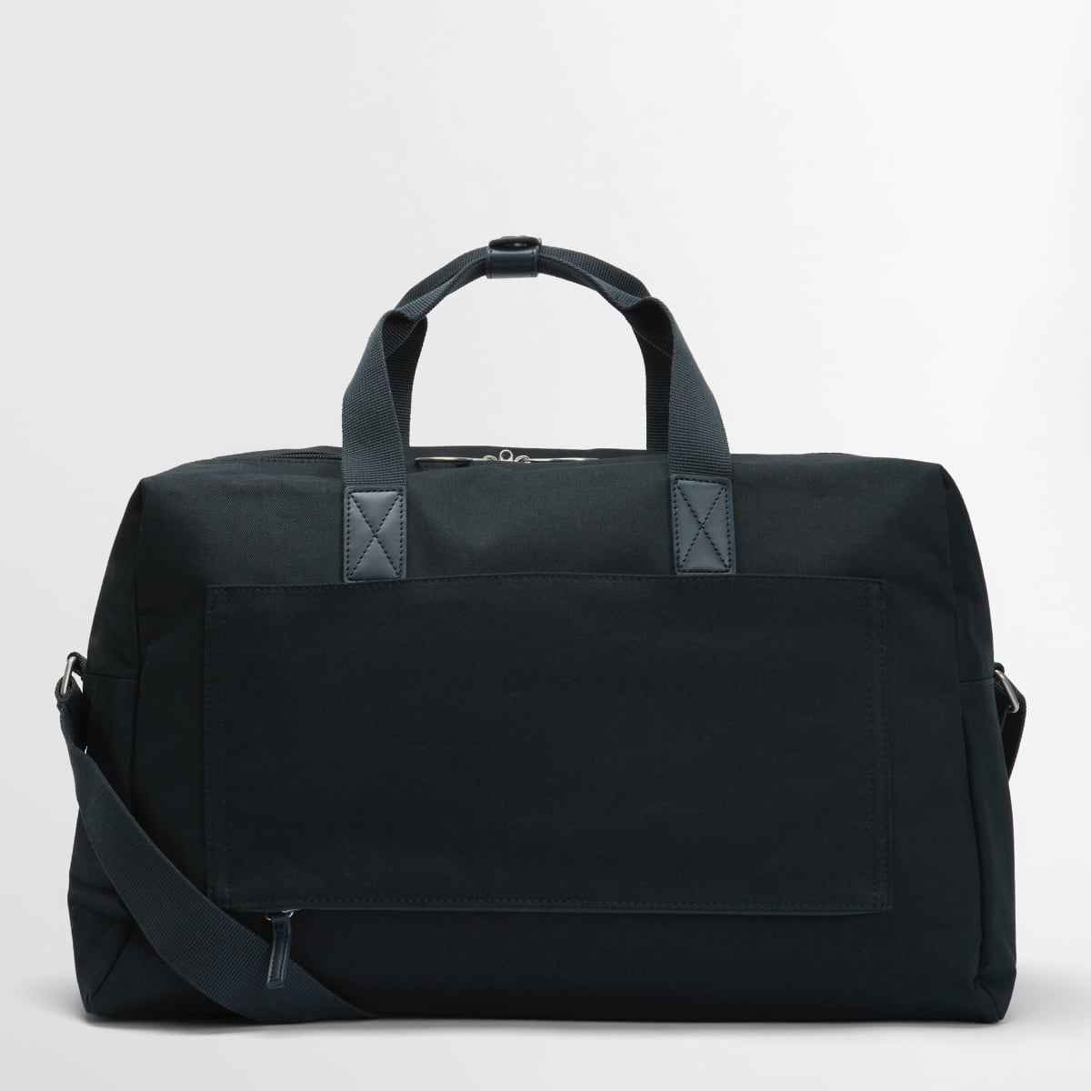 Barbour Cascade Flight Bag navy back view showing top handles and large exterior pocket