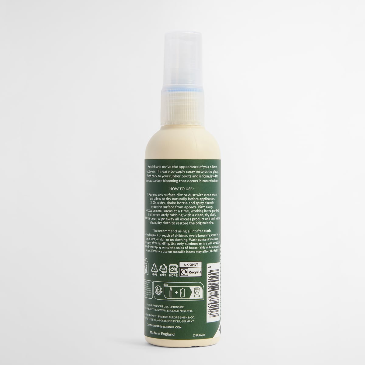 Barbour Rubber Wellington Boot Care spray bottle on a white background